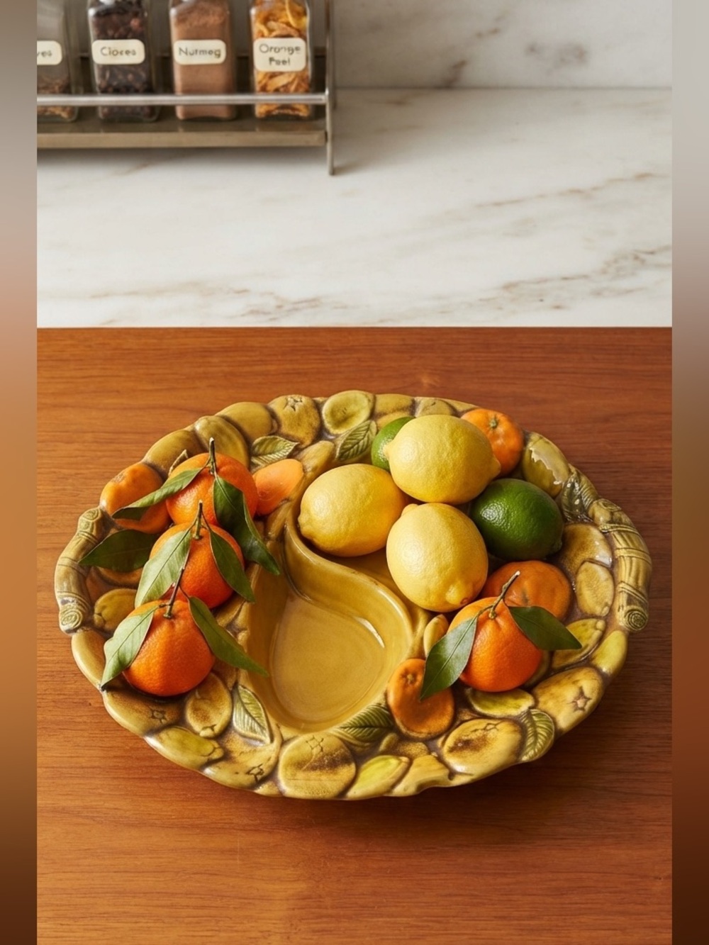 Vintage Mid-Century Modern Glazed Ceramic Divided Serving Tray 3D Fruit Motif